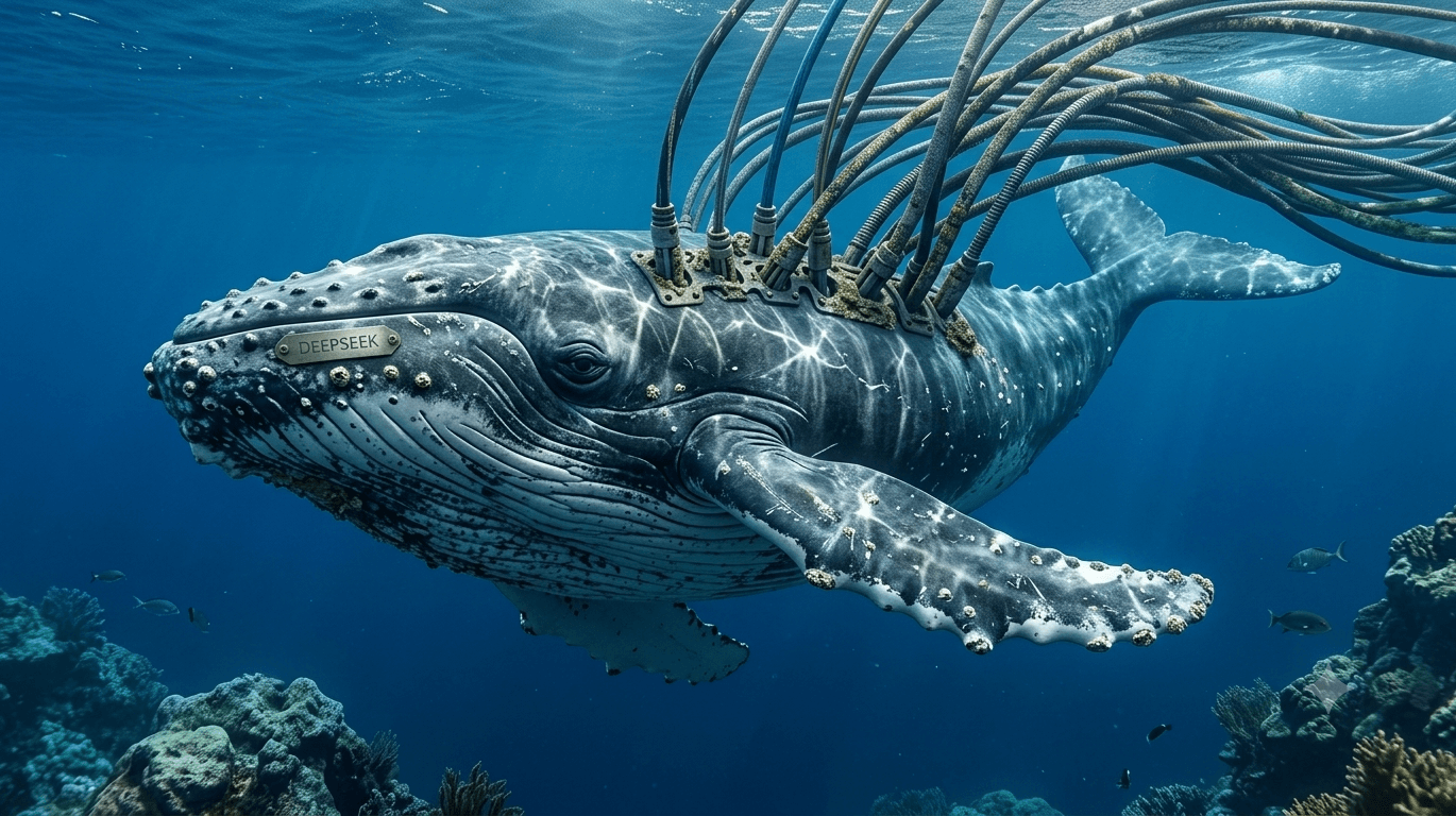 An open-weight model illustrated as a wired-up whale, open-weight versus open-source.