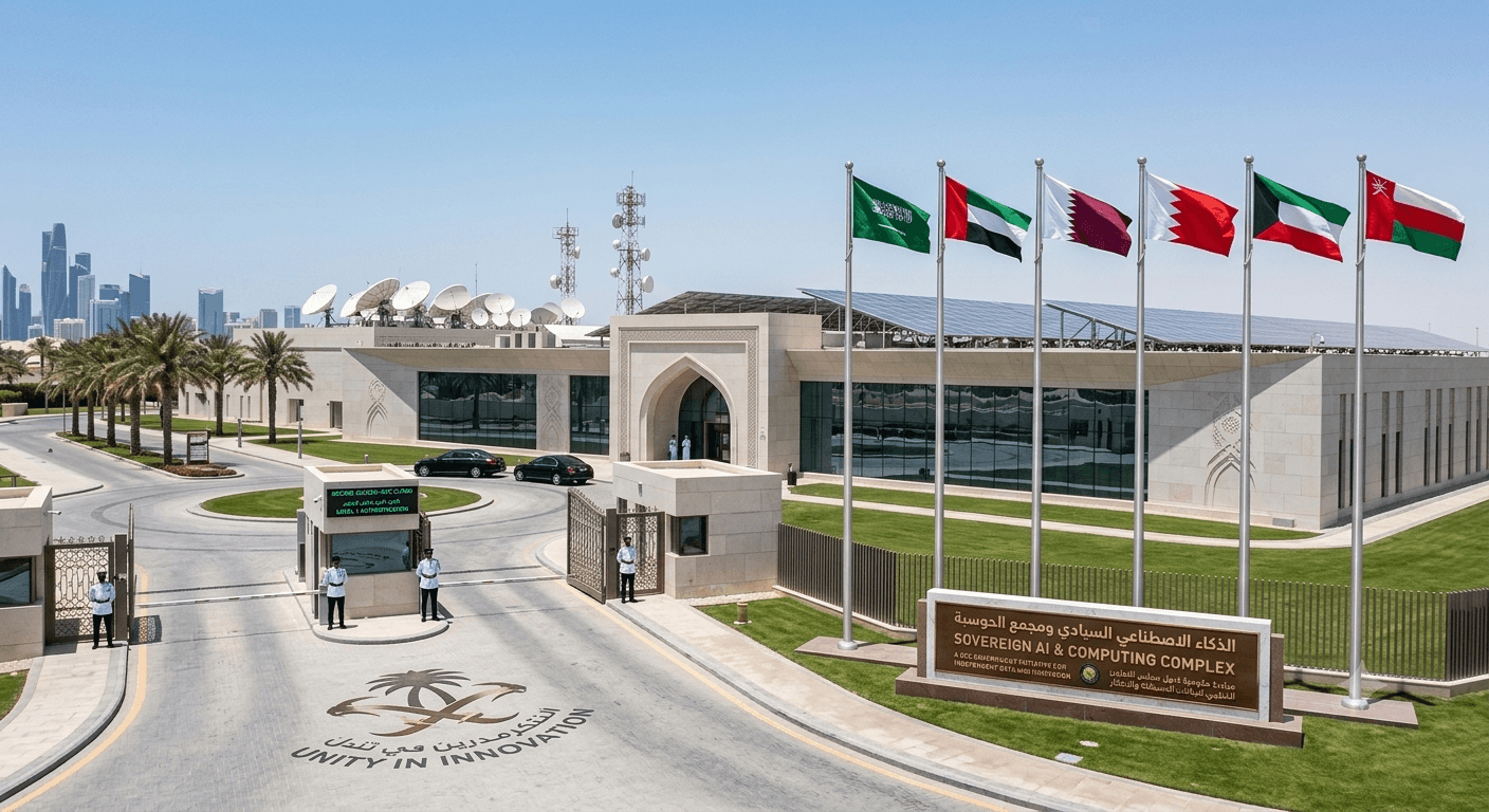 A sovereign AI and computing complex with the six GCC flags.